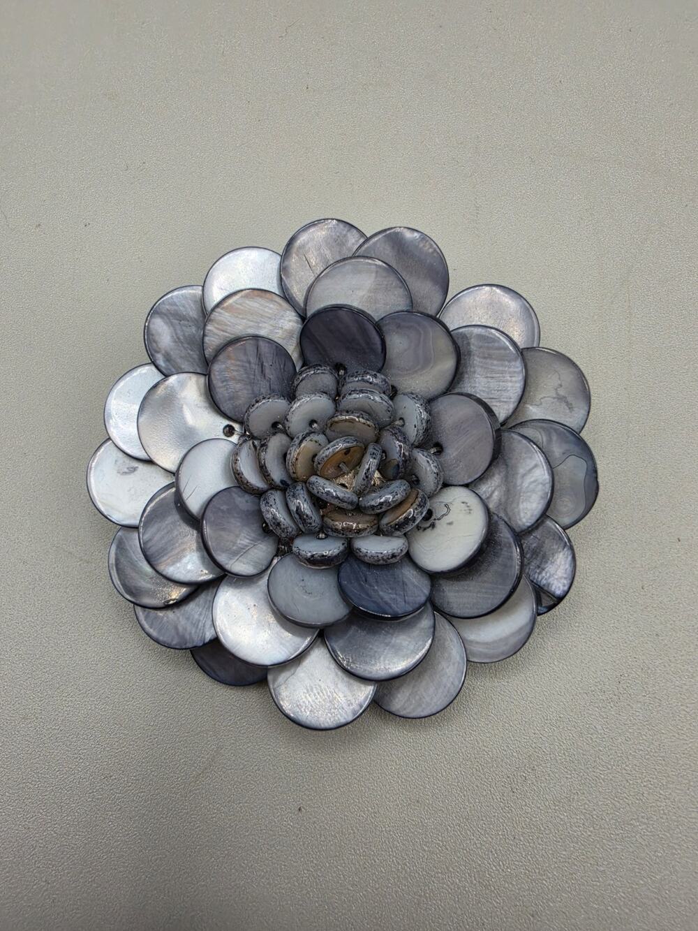 Large MOP Flower Brooch Blue Gray Signed Tasha Vintage